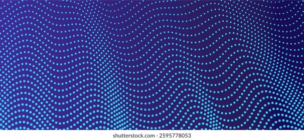 Abstract blue halfton wavy dotted pattern on deep blue gradien background. For digital designs, banners and wallpapers.