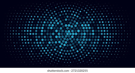 Fundo de meio-tom azul abstrato com um padrão de pontos dinâmicos formando um efeito de onda brilhante em um fundo escuro. O design moderno e futurista cria uma sensação de profundidade,