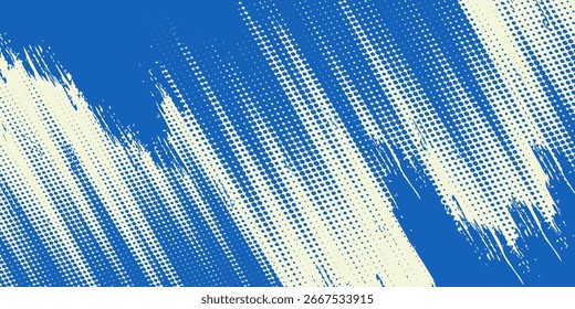 Plano de fundo abstrato de traçado de pincel de meio-tom azul com linhas curvas e padrões de pixels pontilhados. Esta energia