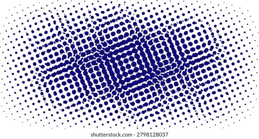 Abstract blue halftone dot pattern forming a dynamic wave-like texture, ideal for modern digital and tech backgrounds, graphic design and branding projects conveying motion, energy and contemporary style.