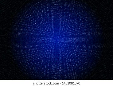 Abstract blue halftone glittering effect with dot radial pattern and glowing lights on dark background technology style. Vector illustration