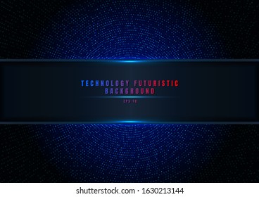 Abstract blue halftone glittering effect with dot radial pattern and glowing lights on dark background technology style with gradient panel and lighting. Vector illustration