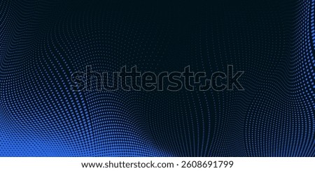Abstract Blue Halftone Gradient on Dark Blue Background. Dynamic dotted pattern with smooth transitions and modern wave effects. Perfect for creative posters, social media graphics, branding, and web