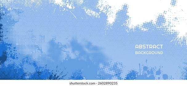 Abstract blue halftone grunge background with geometric hexagonal pattern and splatter texture. Suitable for modern designs, posters, banners, or digital presentations.
