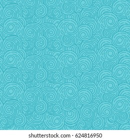 Abstract blue hand drawn doodle thin line wavy seamless pattern. Curly linear sky or sea messy background. Vector illustration.