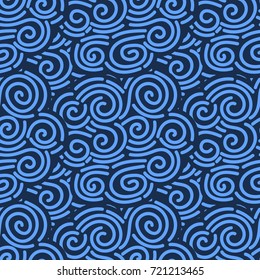 Abstract blue hand drawn doodle thin line wavy seamless pattern. Curly linear sky or sea messy background. Vector illustration.
