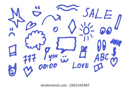 Abstract blue hand drawn shapes and words kids drawings
Vector shapes set