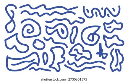 Abstrakte blaue handgezeichnete Linie Elemente Kollektion — Spielerische Squiggle und gewellte Linie Kunst Set in modernen minimalistischen Stil