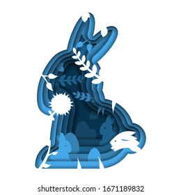 Abstraktes, blaues Happy-Osterpapier Cut Hintergrund-Vektorillustration Kaninchendesign