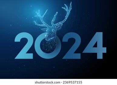 Abstract blue head of deer and number 2024. Low poly style design. Abstract geometric background. Wireframe light connection structure. Modern 3d graphic concept. Vector illustration