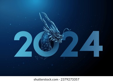 Abstract blue head of dragon and number 2024. Animal chinese symbol of the year.  Low poly style. Abstract geometric background. Wireframe light connection structure. Modern 3d graphic concept. Vector