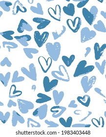 Abstract blue heart seamless pattern of brush in the heart shape, drops and strokes of paint, splash. Fashionable pink illustration for greeting card, invitation, wallpaper, 