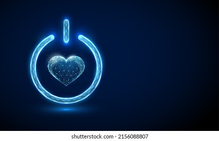 Abstract blue heart shape in power button.  Low poly style design. Geometric background. Wireframe light connection structure. Modern 3d graphic. Vector illustration.