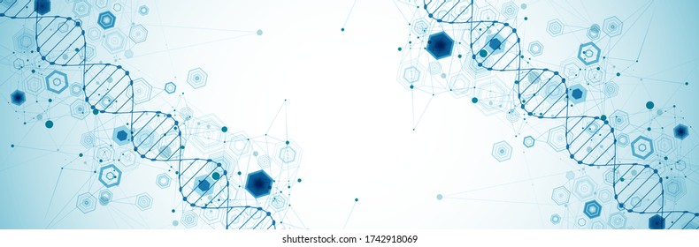 Abstract blue hexagon futuristic background for design works.
Science template, wallpaper or banner with a DNA molecules.