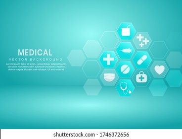 Resumen de los antecedentes del patrón hexágono azul.Concepto médico y científico y patrón de ícono de atención médica. Puede usar para publicidad, afiche, plantilla, presentación comercial. Ilustración del vector  