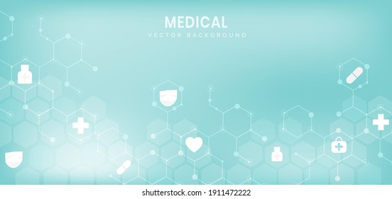 Resumen de los antecedentes del patrón hexágono azul.Concepto médico y científico y patrón de ícono de atención médica. Puede usar para publicidad, afiche, plantilla, presentación comercial. Ilustración del vector  