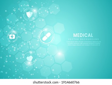 Resumen de los antecedentes del patrón hexágono azul.Concepto médico y científico y patrón de ícono de atención médica. Puede usar para publicidad, afiche, plantilla, presentación comercial. Ilustración del vector  