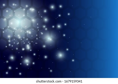 Abstract blue hexagon pattern with sparkle effect and copy space for text or messages on right side.
