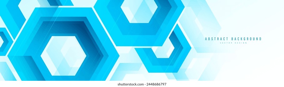 Abstract blue hexagon shapes background. Modern geometric design. Simple hexagonal elements. Technology futuristic concept. Horizontal banner template. Vector illustration