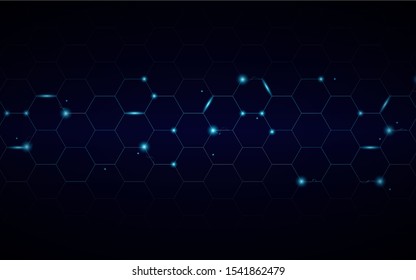 Fondo de textura hexagonal azul abstracto con efecto eléctrico ligero. Concepto de tecnología y diseño vectorial futurista para uso en papel pintado, portada, banner, tema, web, presentación