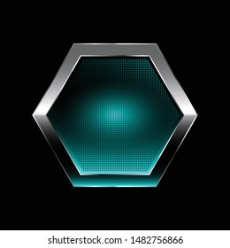 Abstract blue hexagon textured background with a silver frame. Vector illustration