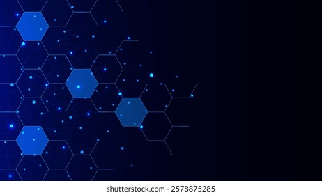 Abstract blue hexagonal and glowing particles. Geometric design with polygonal shapes for chemistry, medical, science and technology background. Vector illustration