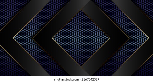 Resumen de fondo hexagonal azul de fondo con formas geométricas negras con bordes dorados apilados uno sobre el otro. ilustración vectorial 3d