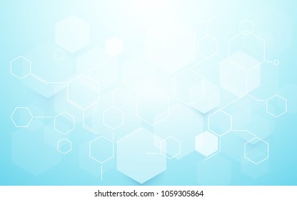 Abstract blue hexagons shape and lines with science concept background