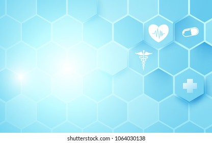 Abstract blue hexagons shape and lines with science concept background