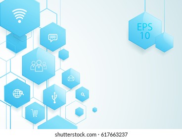 Abstract blue hexagons social icon technology concept background