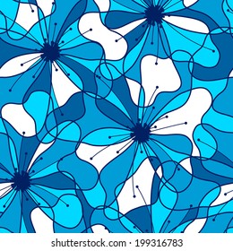 Abstract blue hibiscus seamless pattern.