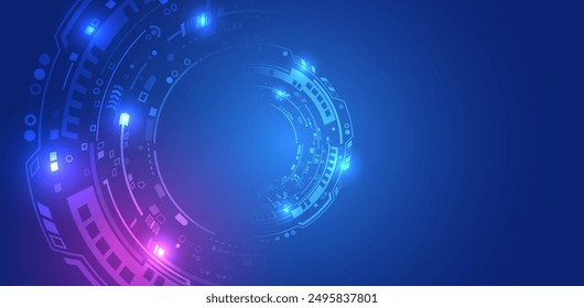 Abstract blue high-tech background consisting of circles and other technological elements. Digital communication, data protection, futuristic presentation, scientific cover.