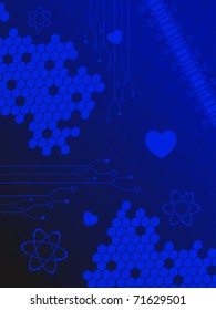 fondo de abeja azul abstracto con corazón, estructura atómica