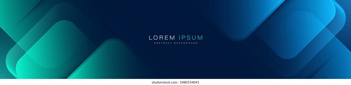 Abstract blue horizontal banner background with glowing blue and green geometric square shapes. Modern graphic design. Suit for header, cover, presentation, business, corporate, website