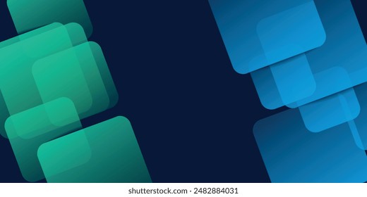 Abstract blue horizontal banner background with shining blue and green geometric square shapes. Suitable for headers, covers, presentations, companies, websites, vector illustration.