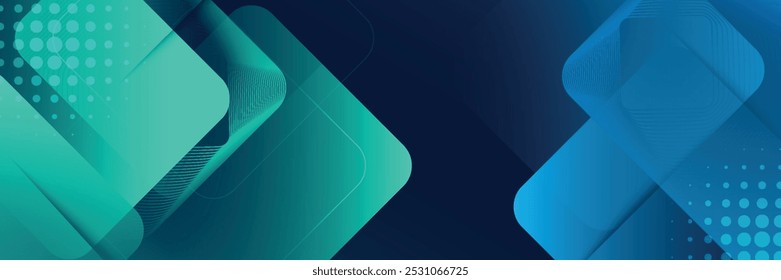Abstract blue horizontal banner background with glowing blue and green geometric square shapes. Modern graphic design.eps10