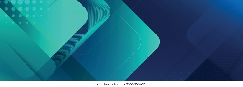 Abstract blue horizontal banner background with glowing blue and green geometric square shapes. Modern graphic design.eps10