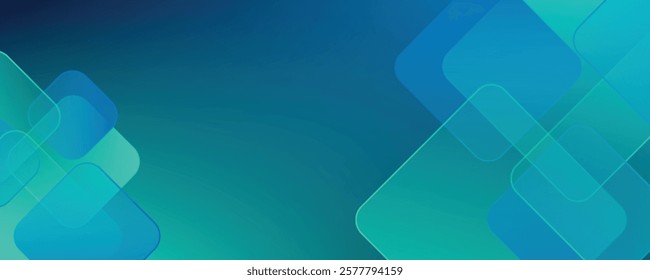 Abstract blue horizontal banner background with glowing blue and green geometric square shapes. Modern graphic design. Suit for header, cover, presentation, business, corporate, website