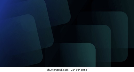 Abstract blue horizontal banner background with glowing blue and green geometric square shapes. Modern graphic design.