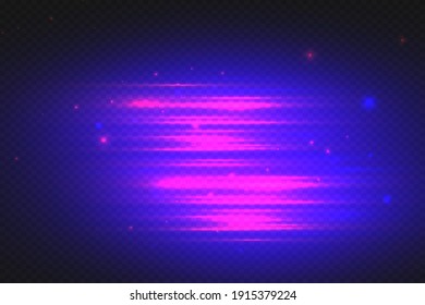 Abstract blue horizontal bright high-speed rays on a dark isolated background. Vector light effect.