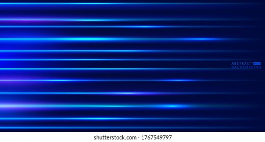 Abstract blue horizontal lens flares. Laser beams, horizontal light rays. Beautiful light flares. Modern tech concept. Glowing streaks on dark blue background. Luminous sparkling lined background.