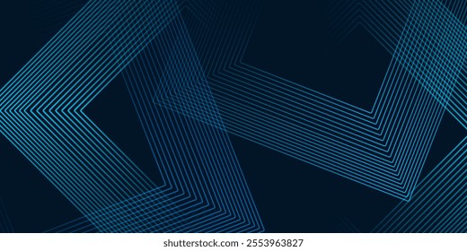 Abstract blue horizontal wide banner background with arrows and corners, navy line elements