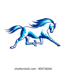 Abstract blue horse on white background, running stallion, vector illustration