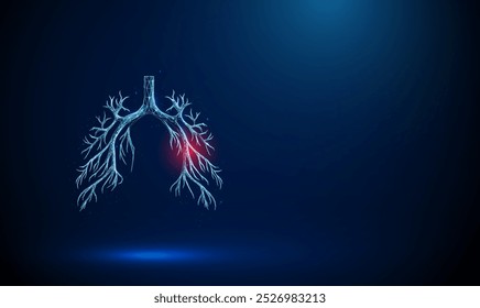 Abstrato azul brônquico humano com círculo vermelho no interior. Anatomia dos pulmões. Doença pulmonar, diagnóstico, tratamento, conceito médico de saúde. Estilo de poli baixo. Fundo geométrico. Gráfico de Wireframe. Vetor.