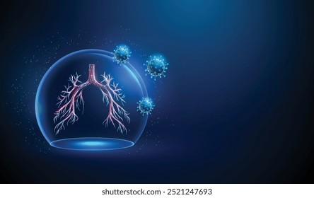 Abstract blue human bronchial tree inside a glass dome attacted by viruses. Neon sphere shield. Healthcare protection medical concept. Futuristic low poly style. Geometric background. Wireframe Vector