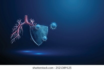 Abstract blue human bronchial tree behind the futuristic guard shield atacted by blue viruses. Lungs protection. Healthcare medical concept. Low poly style. Geometric background. Wireframe. Vector.