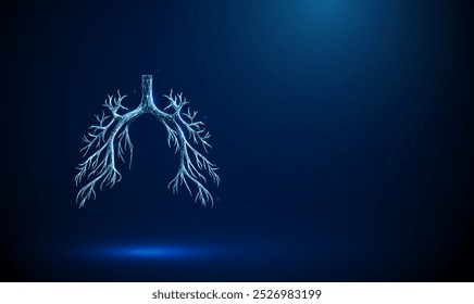 Estrutura brônquica humana azul abstrata. Anatomia dos pulmões, brônquios esquerdo e direito, bronquíolos, traqueia. Conceito médico de assistência médica. Estilo de poli baixo. Fundo geométrico. Gráfico de Wireframe. Vetor.