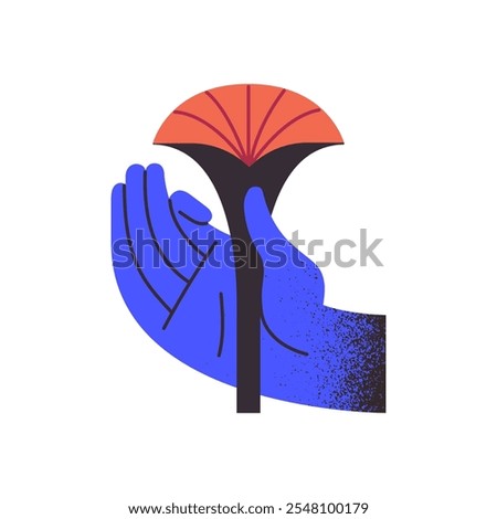 Abstract blue human hand holds stylized flower. Whimsical wildflower with geometric shape. Modern icon with cutted bloom plant, floral gift. Flat isolated vector illustration on white background.