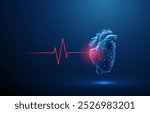 Abstract blue human heart with red cardio pulse line and red circle. Healthcare medical concept. Low poly style. Geometric background. Wireframe light connection structure. Modern 3d graphic. Vector