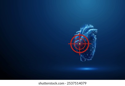 Corazón humano azul Abstractas con signo de objetivo rojo. Concepto médico sanitario. Estilo futurista digital de baja poli. Fondo geométrico. Estructura de conexión de luz de estructura metálica. Gráfico 3D moderno. Vector